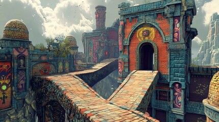 Poster - A brick fortress, painted with vivid tattoo-like designs, stands in a fantastical world, showcasing a blend of ancient architecture and modern art