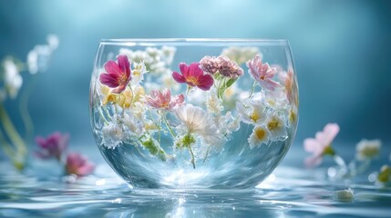 Poster - A captivating surreal still life of a clear liquid in a floating glass, with delicate frozen edible flowers suspended inside, representing a magical and ethereal concept