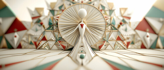 Poster - Abstract Geometric 3D Design with White Gold Red and Green Triangles