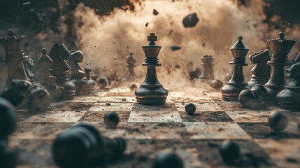 Aufkleber - A chaotic chessboard with fallen pieces surrounded by dust and debris, highlighting a lone pawn standing in the middle, representing perseverance amid turmoil