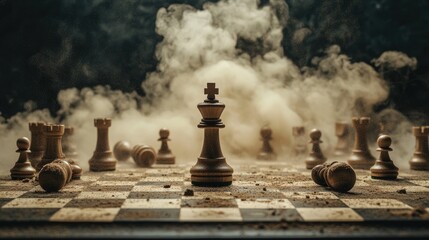 Aufkleber - A chaotic chessboard with fallen pieces surrounded by dust and debris, highlighting a lone pawn standing in the middle, representing perseverance amid turmoil