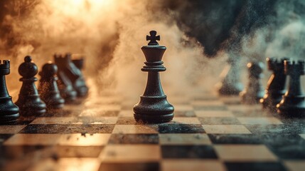 Aufkleber - A chessboard in disarray, with pieces scattered across the board and a cloud of dust surrounding them, while a lone pawn stands defiantly in the center