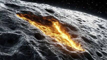 Poster - A close-up of an asteroid rough, jagged surface, marked by deep fissures and glowing lava flowing through them, showcasing the dynamic geological activity of space