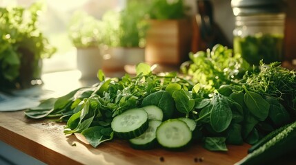 Poster - A close-up of organic green vegetables like spinach, cucumbers, and herbs arranged beautifully on a wooden kitchen table