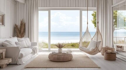 Poster - A cozy coastal living room with white furniture and a swinging chair, offering spectacular views of the calm ocean beyond