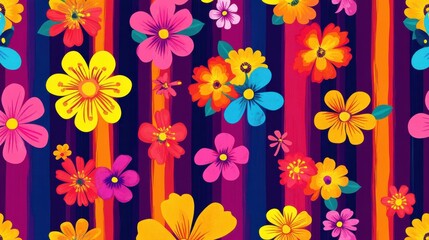 Poster - Seamless bright colors stripes and flowers pattern illustration