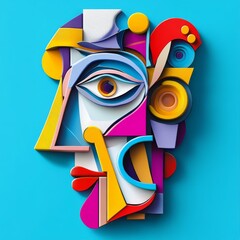 Poster - Abstract Geometric Portrait: Colorful Shapes and Forms Create a Striking Modern Face on Vibrant Blue Background