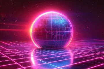 Poster - A futuristic glowing globe rests on a grid like surface