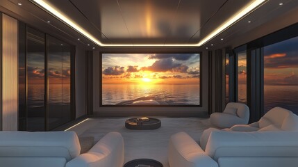 Poster - A luxurious home cinema with plush white seating and a large screen featuring a serene ocean view, as a vibrant sunset over islands completes the peaceful, elegant ambiance