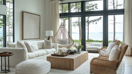 Poster - A modern coastal living room with light decor, a swinging chair, and expansive windows showcasing tranquil ocean views
