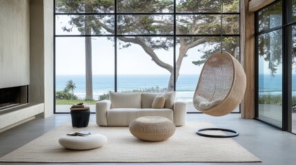 Poster - A modern coastal living room with light decor, a swinging chair, and expansive windows showcasing tranquil ocean views