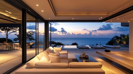 Aufkleber - A modern living area with large glass doors that open to sweeping ocean views, bathed in the warm light of sunset, evoking a peaceful and luxurious atmosphere