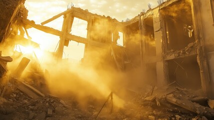 Poster - A partially destroyed building with crumbling walls and rising dust, illuminated by golden sunlight, creates a dramatic and impactful scene of destruction