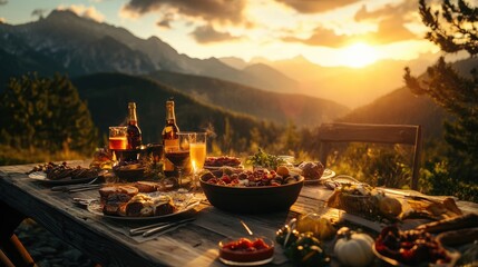 Poster - A picturesque mountain lodge table set with authentic Austrian dishes and drinks, with the stunning sunset casting warm hues across the landscape