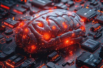 Poster - A glowing artificial brain sits on a circuit board background