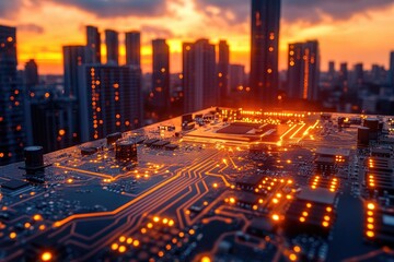Poster - a glowing circuit board overlooking a futuristic city skyline