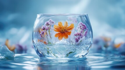 Poster - A surreal and ethereal still life of clear liquid in a floating glass, with frozen edible flowers inside, creating a dreamlike and ultra-realistic concept art
