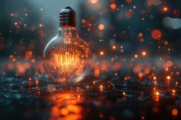 Poster - A glowing lightbulb illuminated in a dark blurry environment