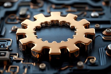 Poster - a golden gear sitting upon a complex black circuit board