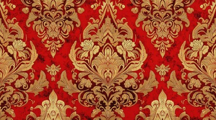 Poster - A vibrant red and gold seamless pattern with intricate floral and paisley motifs showcases the beauty of Thai heritage, blending traditional and luxurious design