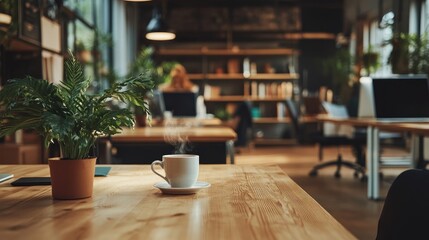 Poster - A warm and inviting coworking space with a steaming cup of coffee on a wooden table, as people engage in lively conversations, fostering collaboration and focus