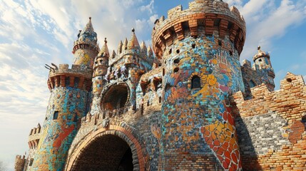 Poster - A whimsical brick fortress adorned with vibrant, intricate tattoo patterns creates a fantastical and imaginative realm, blending medieval and modern design