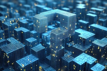 Poster - A futuristic cityscape rendered in blue with glowing particles