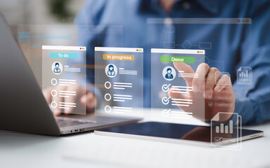 task management, todo checklist concept. business developer using laptop computer for design marketi