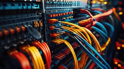 Aufkleber - An intricate control panel featuring meticulously color-coded wiring and organized cable channels, ensuring optimal connectivity and streamlined operations in a high-tech setting