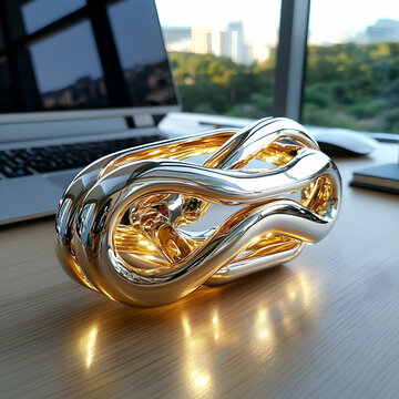 Abstract Metal Sculpture with Warm Lighting on a Desk