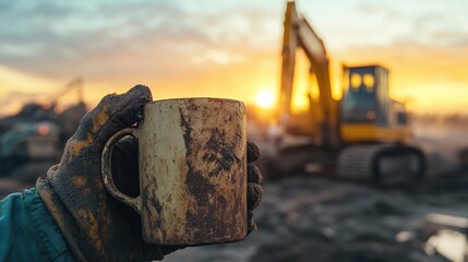 Poster - Calloused hands grip a dirty coffee mug, resting against the backdrop of heavy construction machinery at sunrise, capturing the spirit of hard work and perseverance