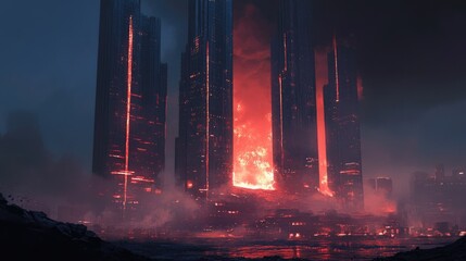 Poster - Fiery skyscrapers illuminate a ruined cityscape, with ashes and smoke swirling in the air, capturing the aftermath of destruction as the night sky darkens further