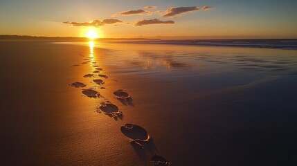 Poster - Footprints lead across a tranquil beach at sunset, symbolizing a journey of hope and perseverance towards success, with the golden horizon in the background