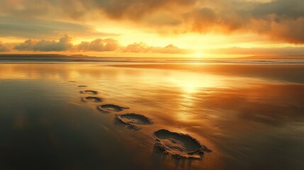 Poster - Footprints lead across a tranquil beach at sunset, symbolizing a journey of hope and perseverance towards success, with the golden horizon in the background