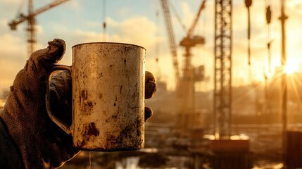 Aufkleber - Hands calloused from hard labor clutch a dirty coffee mug at a construction site, with towering cranes in the background as the golden hour sunlight shines down