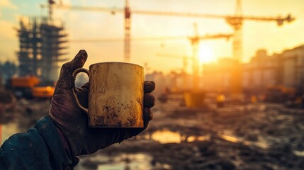 Aufkleber - Hands calloused from hard labor clutch a dirty coffee mug at a construction site, with towering cranes in the background as the golden hour sunlight shines down