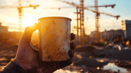 Aufkleber - Hands calloused from hard labor clutch a dirty coffee mug at a construction site, with towering cranes in the background as the golden hour sunlight shines down