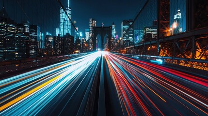 Aufkleber - Long exposure shot of the Queensboro Bridge at blue hour, with dynamic light trails from traffic and the city skyline in the background, capturing the pulse of urban life