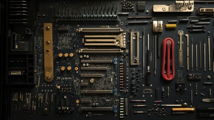 Poster - Precision tools, tiny screws, and connectors on a motherboard, carefully laid out on an anti-static mat, highlighting the essentials of building a PC
