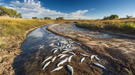 Poster - The ecological effects of drought are evident as a riverbed lies cracked and dry, with dead fish across the barren landscape, highlighting urgent environmental issues