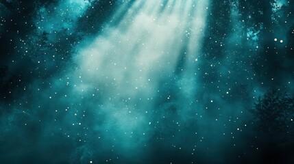Dreamy, teal forest background with magical light rays and small glowing orbs. Perfect for fantasy book covers, magical themes, or website backgrounds.
