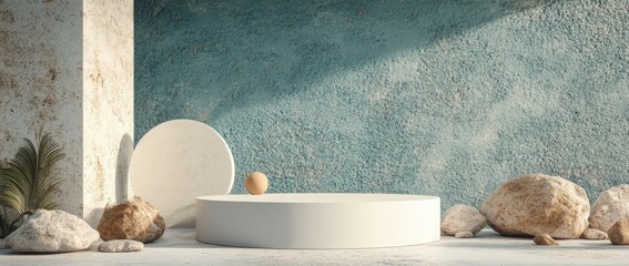 Fototapete - Modern minimalistic design showcasing circular platform with natural stones and soft light in serene environment