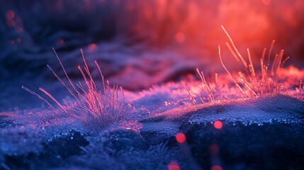 Wall Mural - close-up of frost-covered grass illuminated by warm, red light.