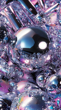Abstract Purple and Blue Metallic Spheres with Iridescent Bubbles