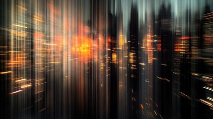 Wall Mural - abstract cityscape at sunset, blurred vertical lines, orange and dark tones.