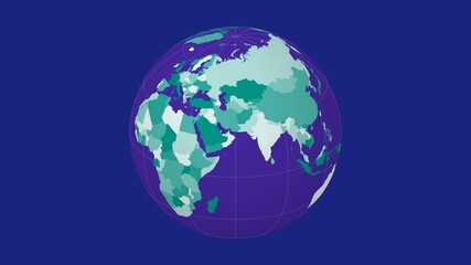 Poster - Rotating planet. Slanted sphere view. Moderate speed globe rotation. Colored countries style. World map with graticule lines on blue background. Appealing animation.