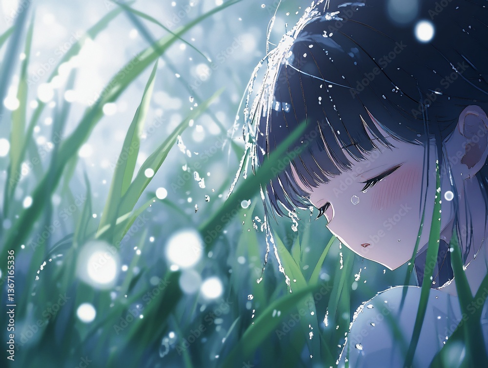 Sad anime girl crying in rain-soaked grass. Stock Illustration | Adobe ...