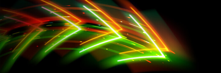 Poster - Neon orange green arrows on black background. Vector realistic illustration of nightclub banner, modern technology presentation template, data speed effect, high tech boost, geometric motion sign