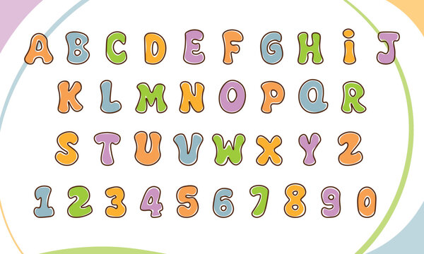 cute font, childish type, cartoon children english alphabets vector typography, kids typeface, colorful letters and number font, kids education funny cute abc symbol typeface