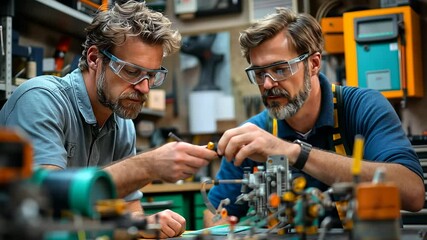 Poster - Under warm workshop lights, an electrician guides his apprentice through intricate assembly tasks.